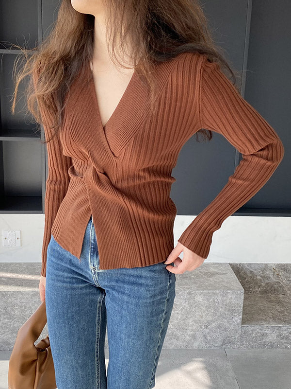 Long Sleeves Loose Knot Solid Color V-Neck Pullovers Sweater Tops