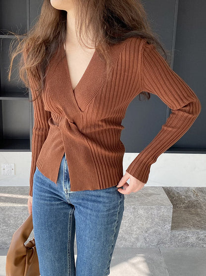 Long Sleeves Loose Knot Solid Color V-Neck Pullovers Sweater Tops