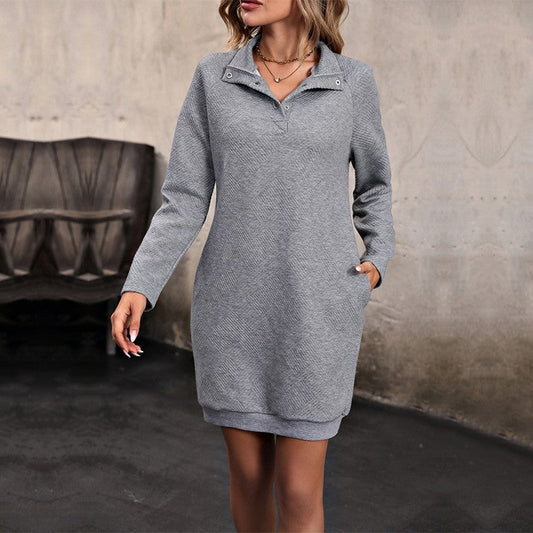 Long Sleeve Solid Color Short Stand Collar Pocket Sweatshirt Dress
