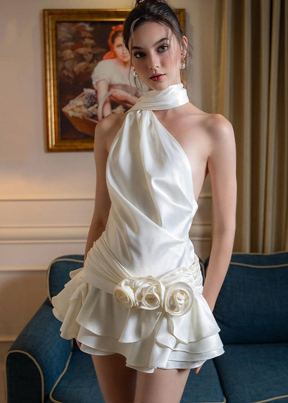 One Shoulder Satin Mini Dress with Layered Skirt