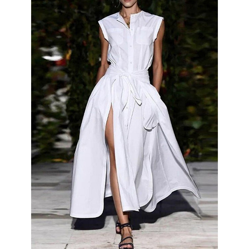Cap Sleeve Loose Buttoned Solid Color Split-Joint Tied Waist Round-neck Maxi Dresses Shirt Dress
