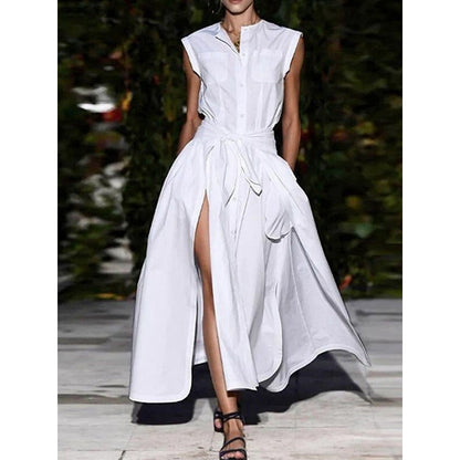 Cap Sleeve Loose Buttoned Solid Color Split-Joint Tied Waist Round-neck Maxi Dresses Shirt Dress