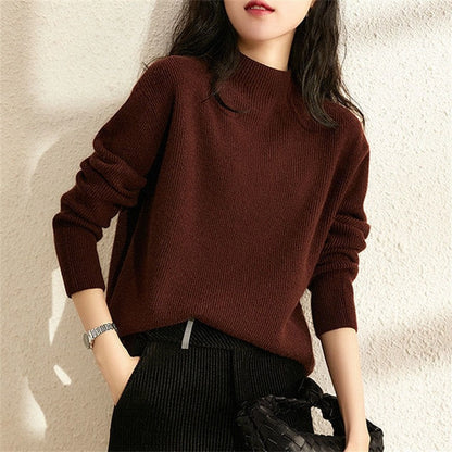 Women's Solid Knit Sweater Semi High Neck
