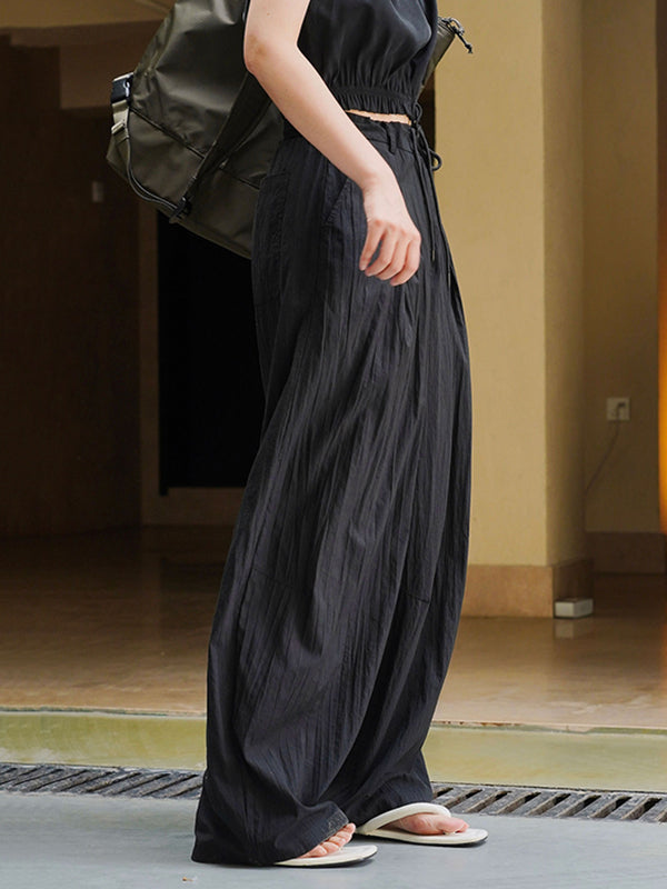 High Waisted Wide Leg Drawstring Pleated Solid Color Casual Pants Bottoms