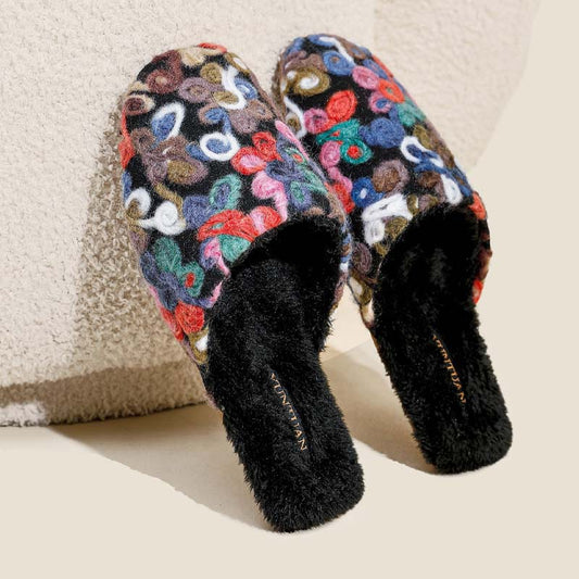 Flower Embroidery Soft Warm Plush Indoor Slippers