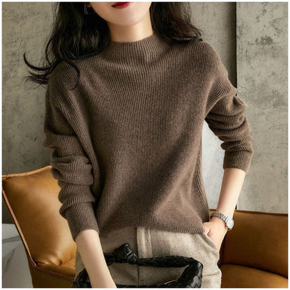 Women's Solid Knit Sweater Semi High Neck