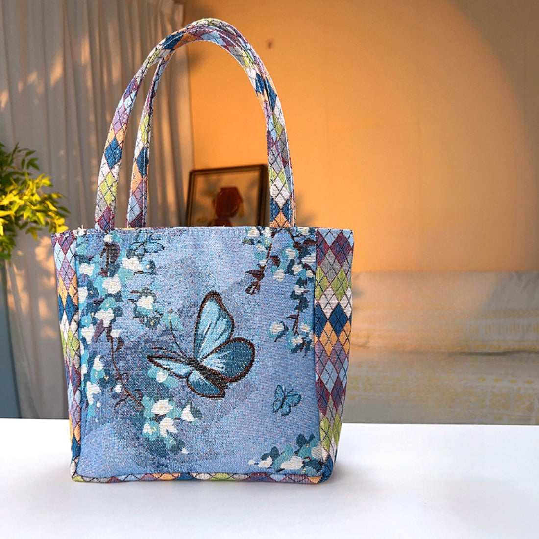Cosbai - Diamond Pattern Lace Print Canvas Tote Bag