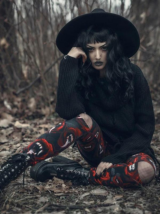 Women'S Dark Gothic Rose Print Knee Cutout Leggings Pants