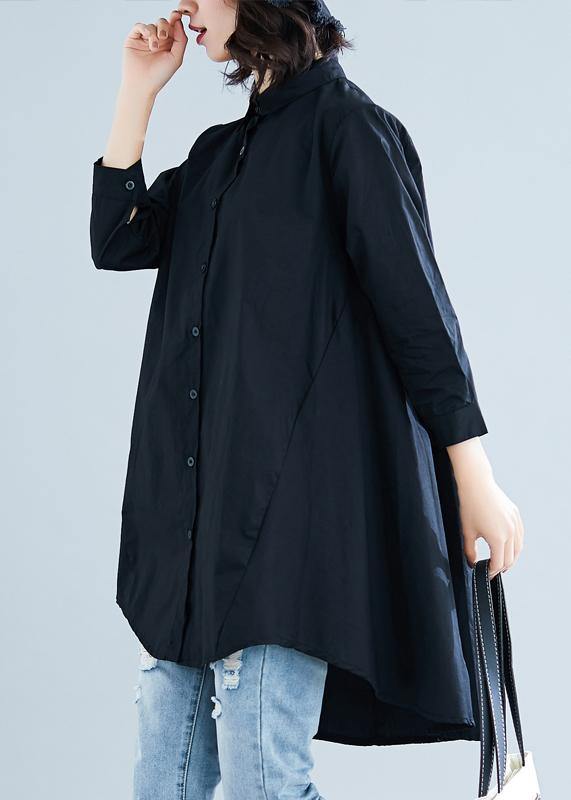 diy lapel asymmetric cotton linen clothes For Women black daily shirt