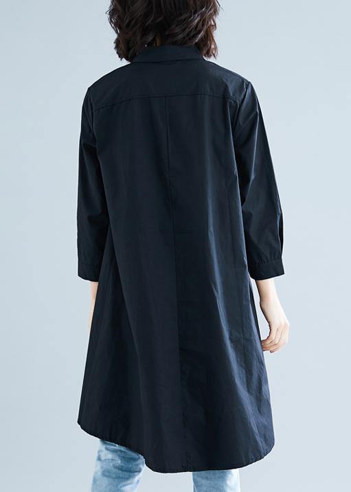 diy lapel asymmetric cotton linen clothes For Women black daily shirt