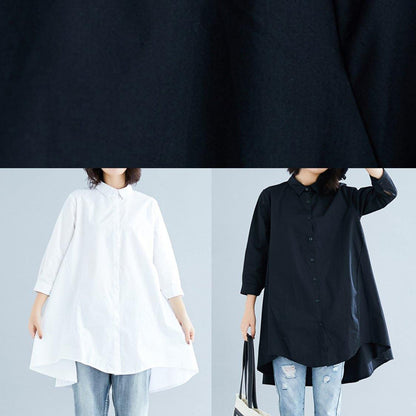 diy lapel asymmetric cotton linen clothes For Women black daily shirt