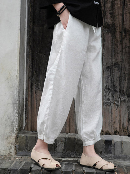Simple Linen Solid Color Elasticity Waist Loose Knickerbockers&Capri-Pants