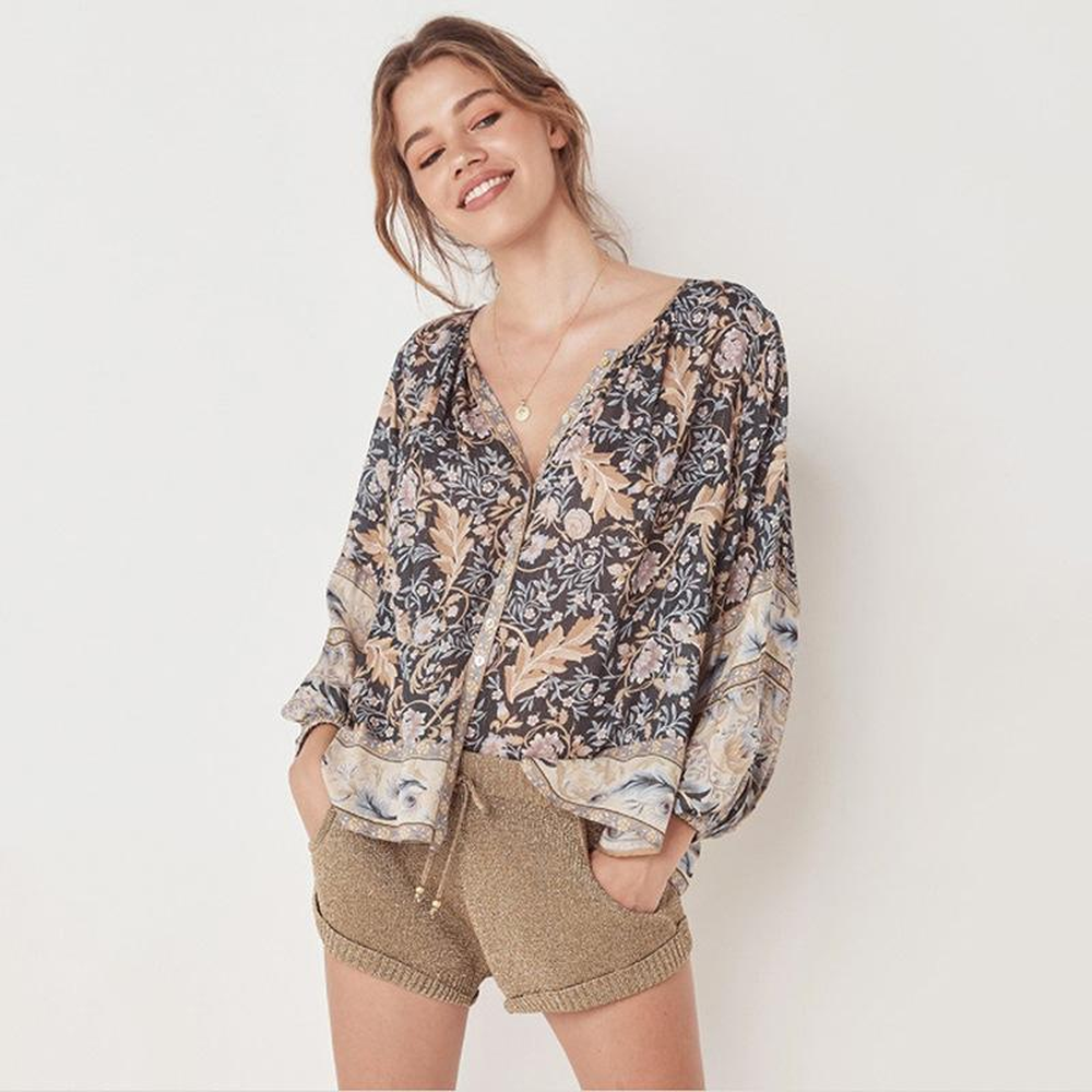 Loose Printed Blouse Bohemian Long Sleeve V-Neck Blouse