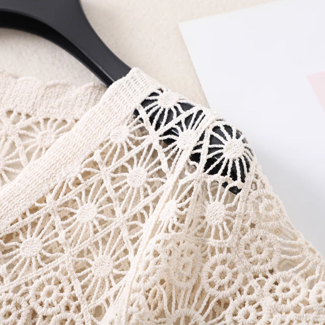 Crosa - Crochet Hollow-Out Short-Sleeve Cardigan