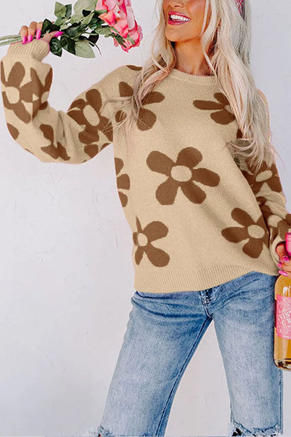 Floral Print Knitted Long Sleeve Pullover Sweater