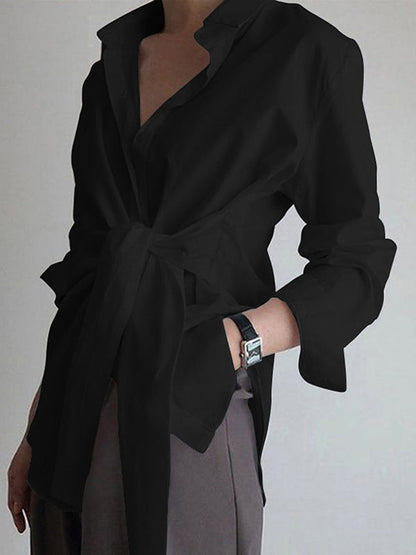Long Sleeves Loose Bandage Buttoned Solid Color Split-Joint Lapel Collar Blouses