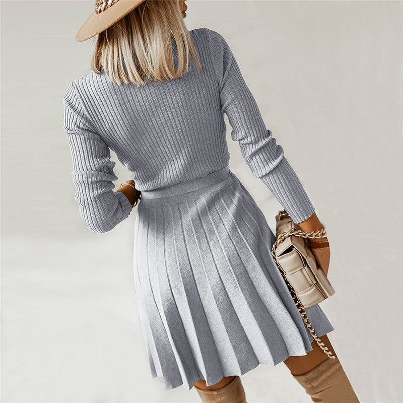 V-Neck Pleated Knitted Short A-Line Dress