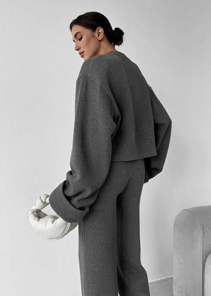 Knit Lounge Set Ribbed Blend Zip Jacket And Wide-Leg Pants
