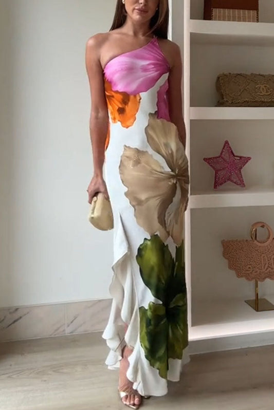 Love Filled Floral Print One Shoulder Side Ruffles Maxi Slip Dress