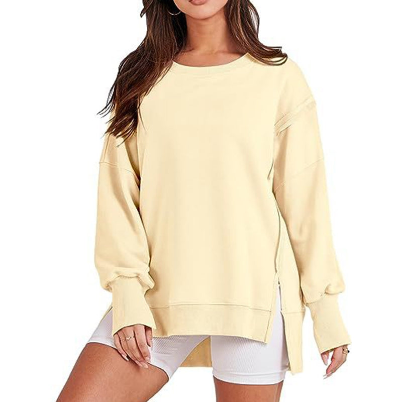 High-Low Long Sleeves Fringed Solid Color Split-Joint Split-Side Round-Neck Sweatershirt