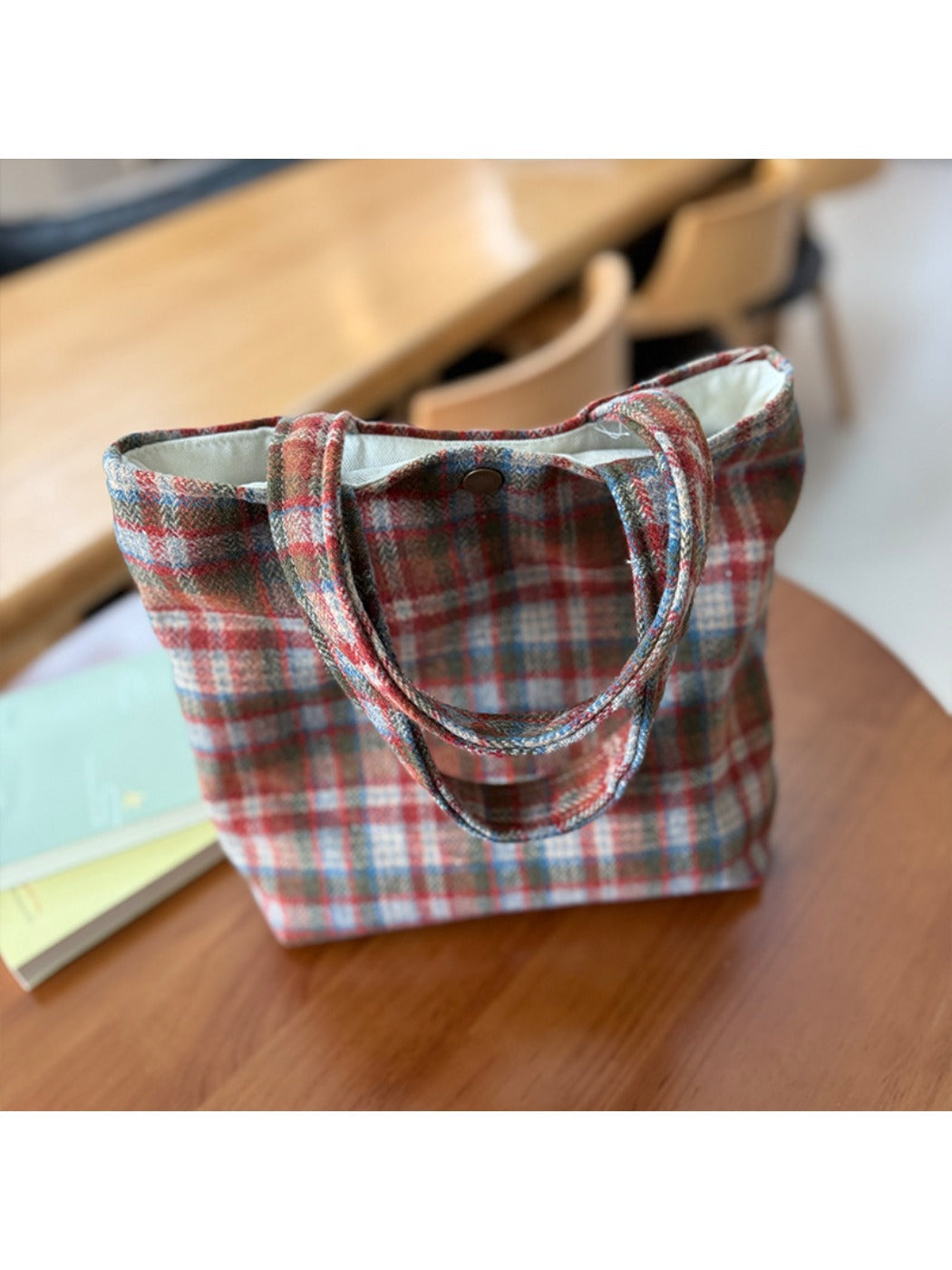 Cosbai - Canvas Shoulder Bag with Orange Plaid Patterns