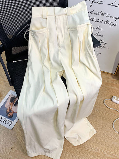 Loose Wide Leg Drawstring Pleated Solid Color Pants Trousers