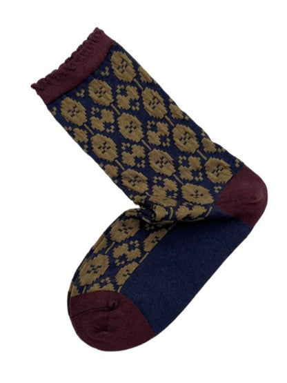 Rufia - Retro Mid-Calf Socks with Embossed Flowers