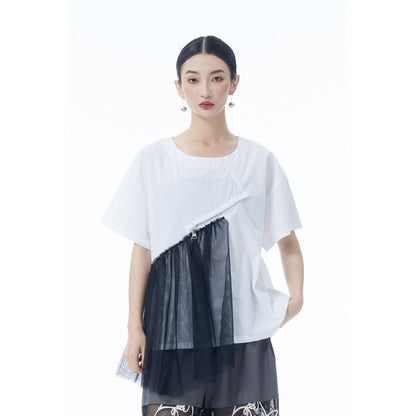 Vintage Mesh Zipper Short Sleeve T Shirt Women