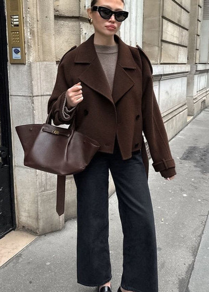 Cropped Wool Blend Belted Trench Jacket