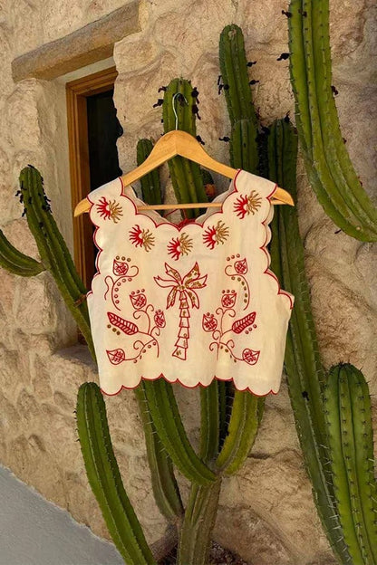 Sunny Day Linen Blend Contrast Embroidered Print Scallop Trim Lace-up Top