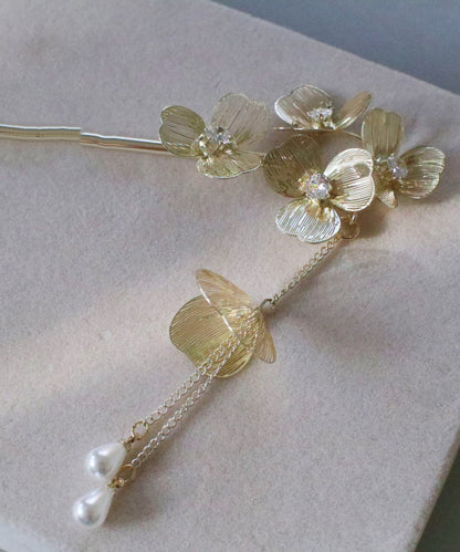 Chinese Style Gold Metal Floral Pearl Tassel Hairpin