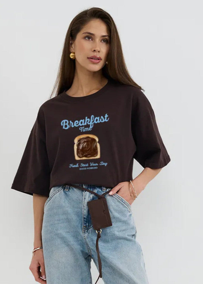 Oversized Cotton Tee With Breakfast Print