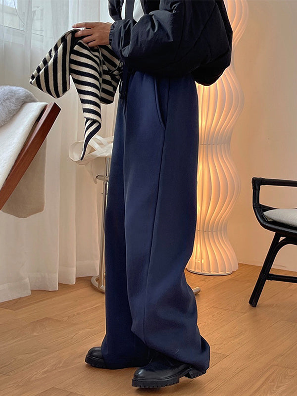 Simple Solid Color Drawstring  Waist Velvet Casual Wide Leg Pants
