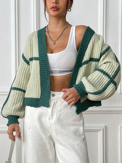 Long Sleeves Loose Contrast Color Cardigan Sweater Tops