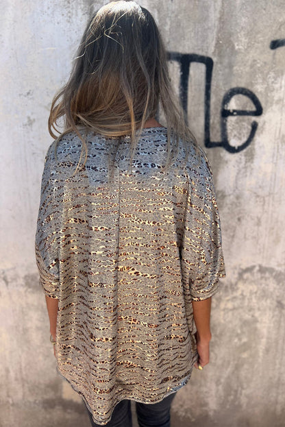 Gray Leopard Print 3\/4 Sleeve V Neck Loose Fit T Shirt