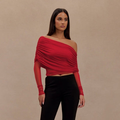 Mesh Insert See Through Pleated Off Shoulder T Shirt