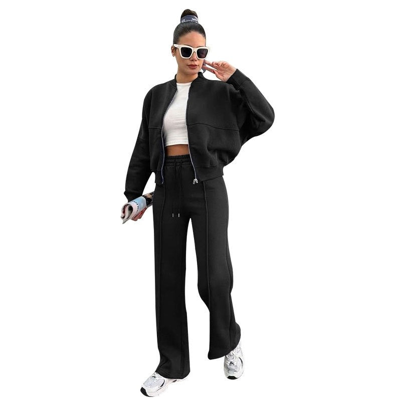 Solid Fleece Zip Hoodie Straight Leg Pants Set