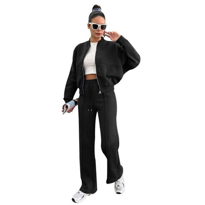 Solid Fleece Zip Hoodie Straight Leg Pants Set