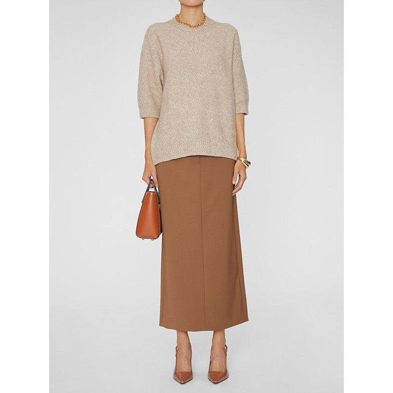 Rounded-Neck Dropped Shoulders Short Sleeves Sweater Tops