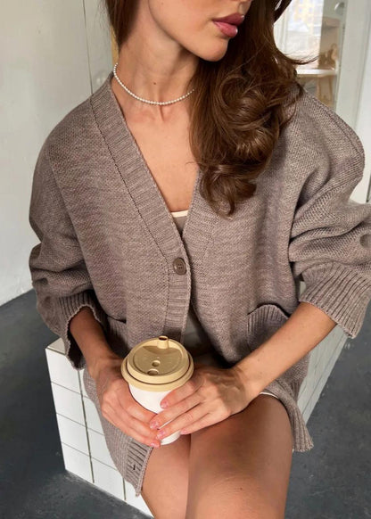 Oversized Knit Button Cardigan Brown Soft Fabric