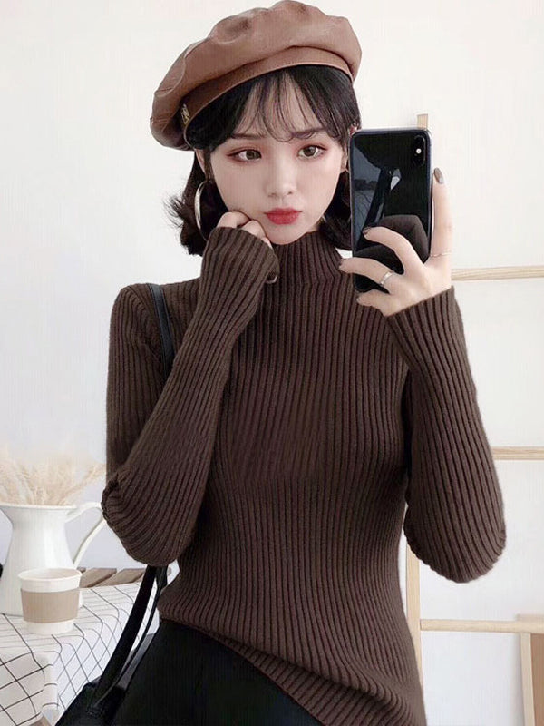 9 Colors Knitting Split-Joint Solid Color High-Neck Sweater