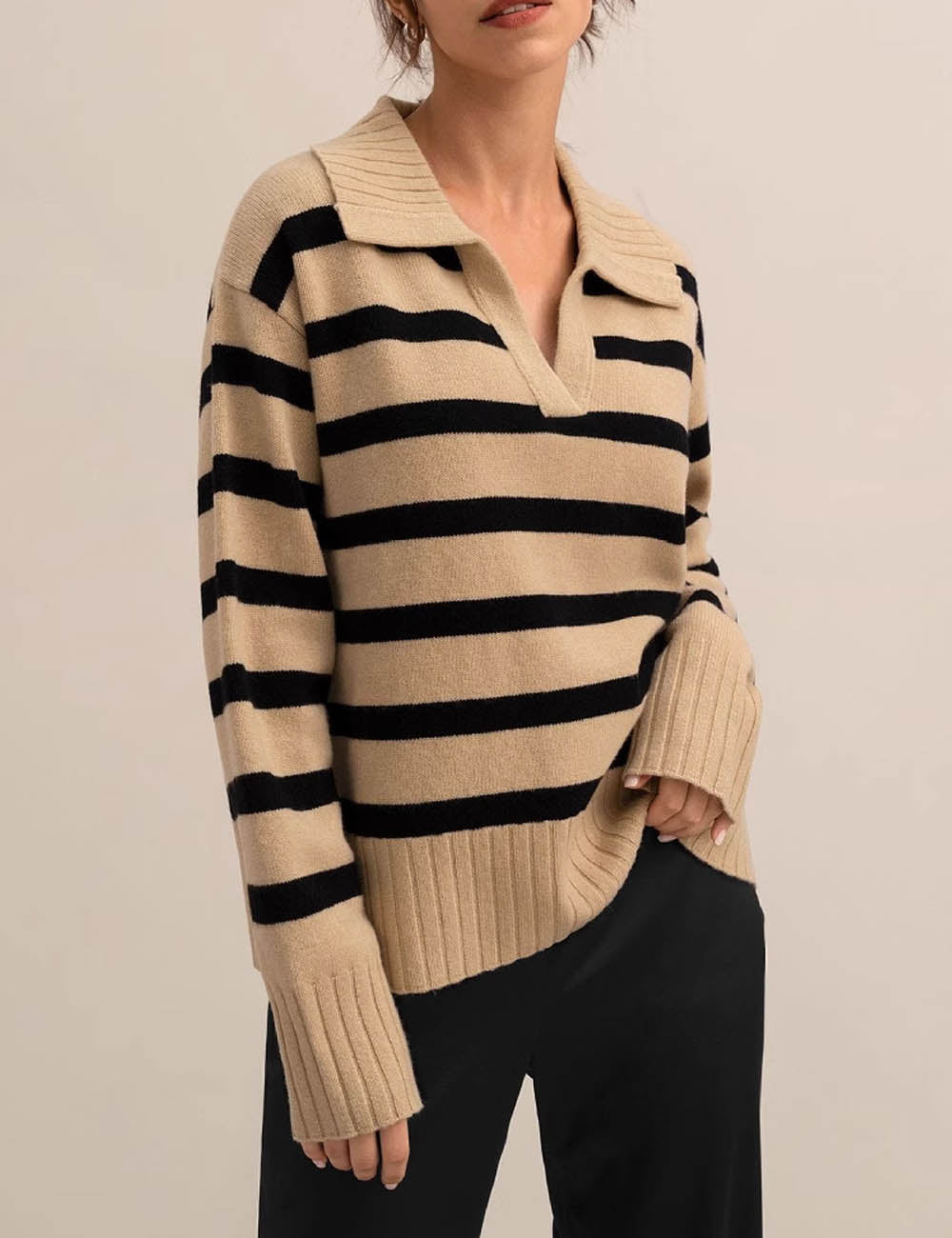 Winter Polo Collar Striped Knit Pullover Sweater