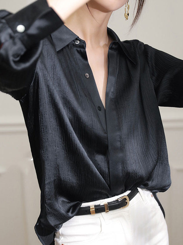 Solid Color Pleated Comfort Buttoned Long Sleeves Lapel Blouses