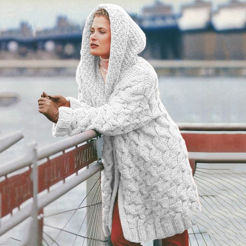 Cardigan Women'S Hemp Knitting Thickened Versatile Hooded Sweater Cardigan