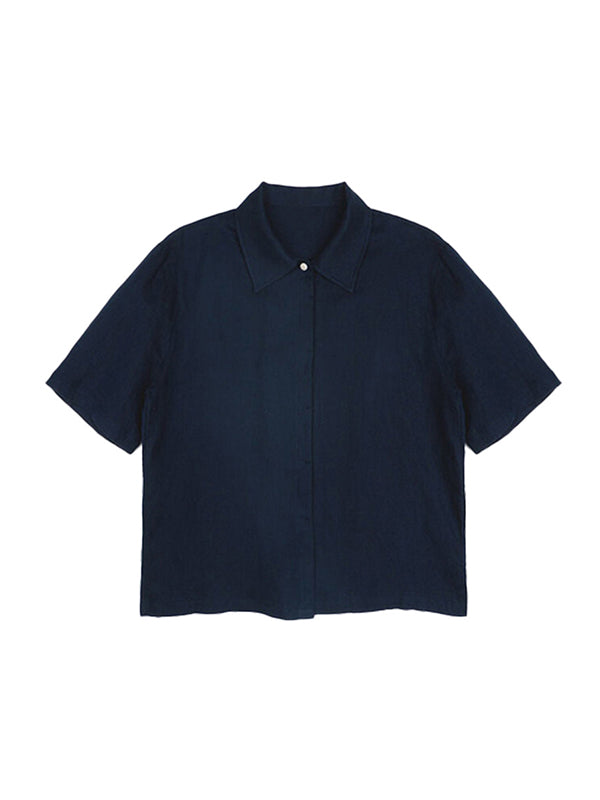Loose Short Sleeves Buttoned Pleated Solid Color Split-Side Lapel Blouses&Shirts Tops
