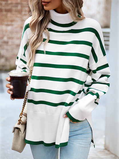Loose Wrap Contrast Color Split-Side Striped High-Neck Sweater Tops