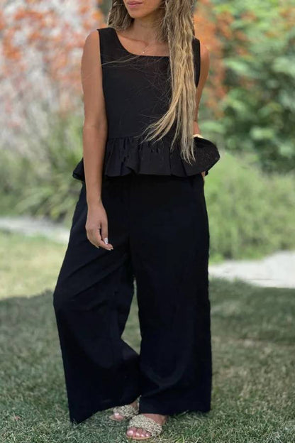 Cotton And Linen Solid Color Sleeveless Top \u0026 Wide Leg Pants Two-Piece Set