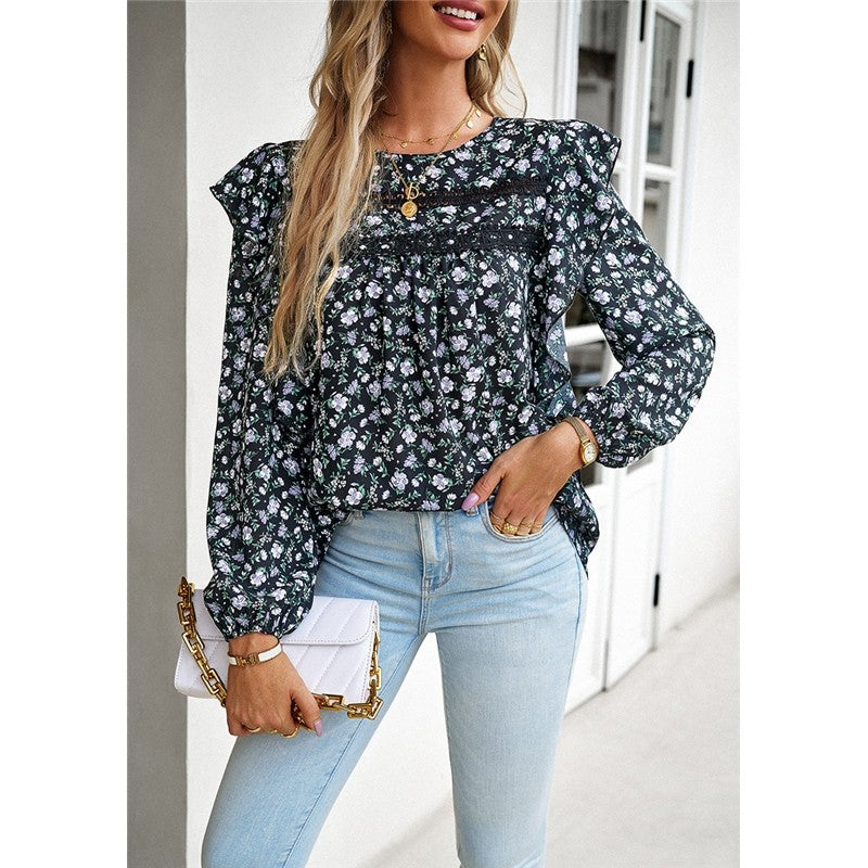 Round Neck Long Sleeve Floral Shirt