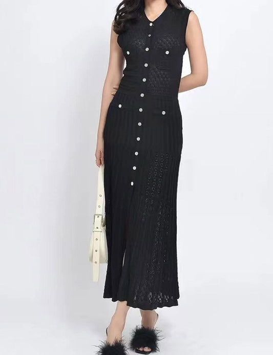 Round Neck Button Down Sleeveless Knit Dress