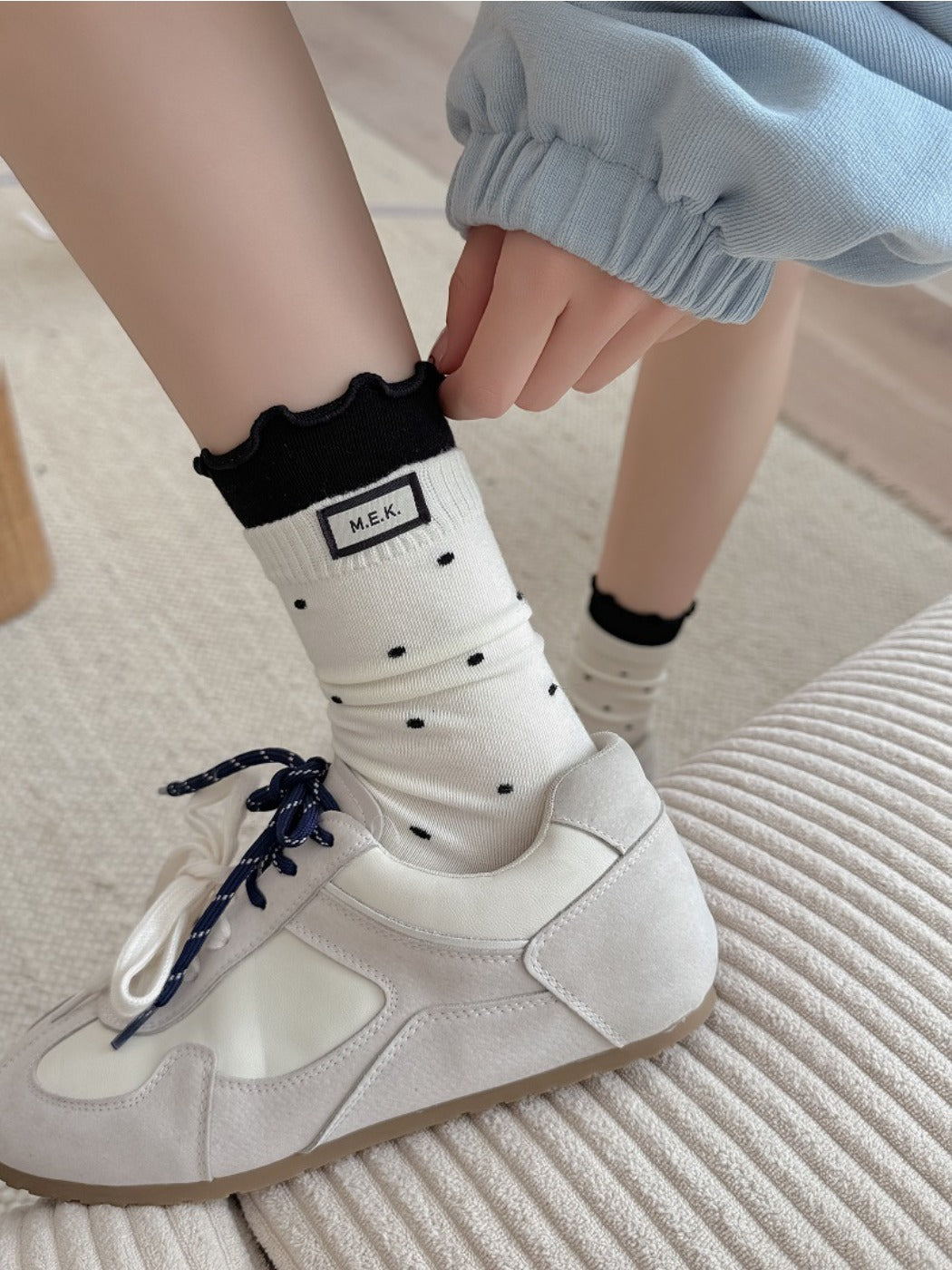 Rufia - Polka Dot Print Mid-Crew Socks with Ruffle Trim